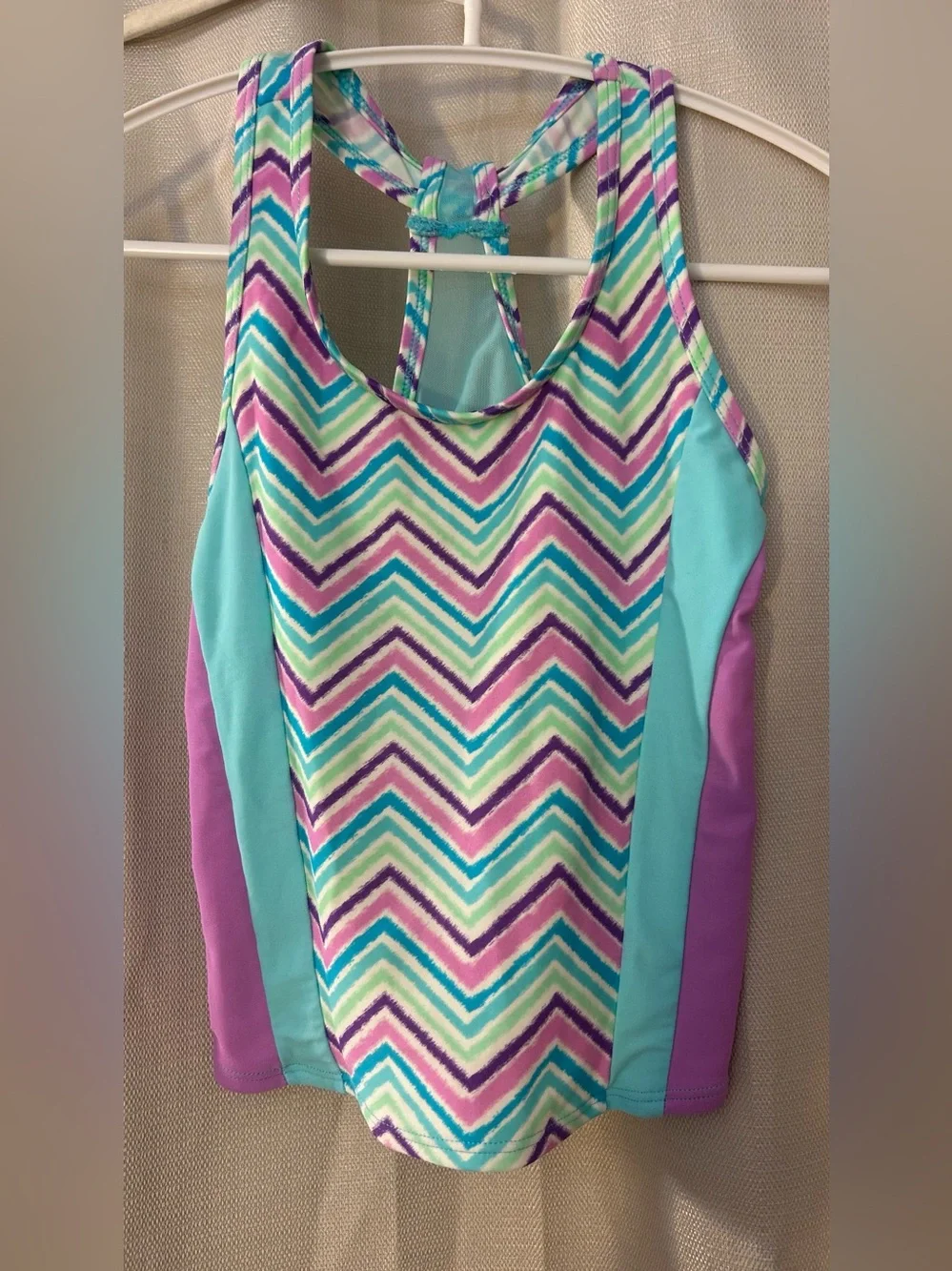 Joe Boxer Girls Size 8 Chevron Tankini Swimsuit Top Blue Purple Pink Racerback